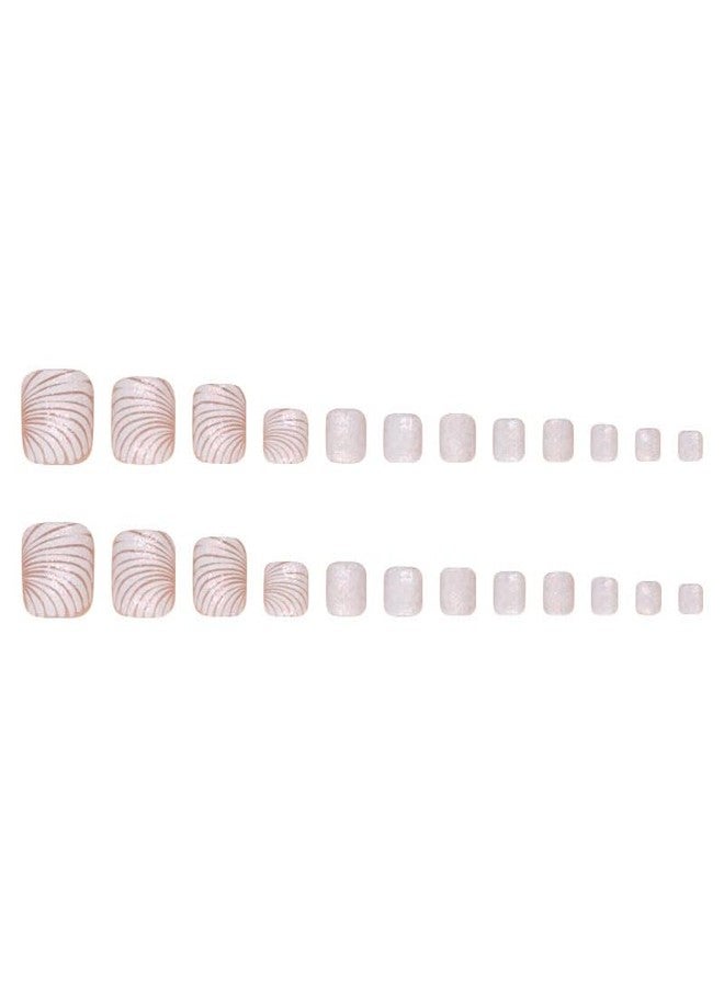 TOGZOM White Press on Toe Nails Short Square Fake Toenails Beach Sea Shell False Nails Summer Acrylic Toenails Shiny Glitter Line Artificial Toe Nails for Women Girls Manicure Nails Decoration 24Pcs - Image 5